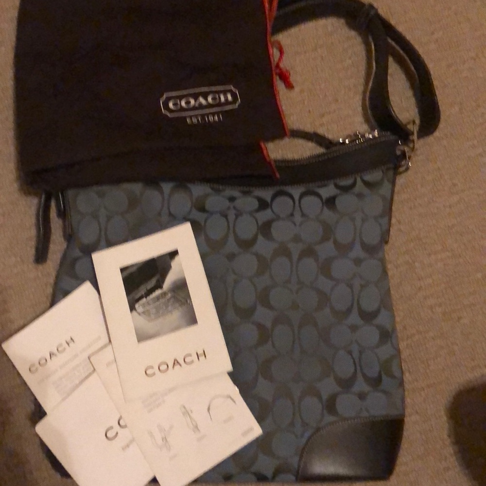 Coach handbag Blue logo canvas brown leather - Picture 2 of 8